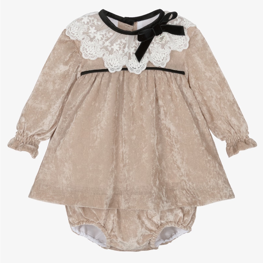 Foque Taupe Velvet Long-Sleeve Top With White Lace Collar And Black Bow